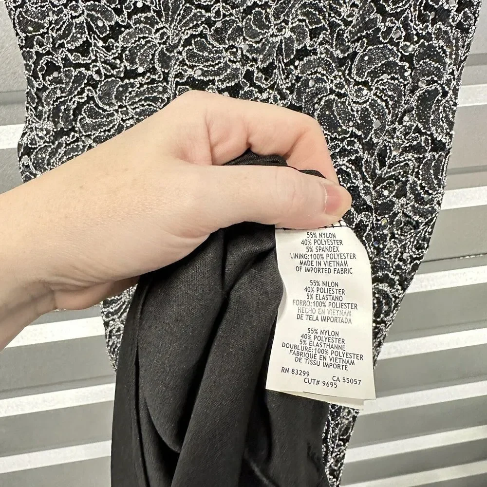 Blu Sage‎ Dress Size 16 Black Silver Cocktail Sequins Metallic Threads Hi Lo Hem